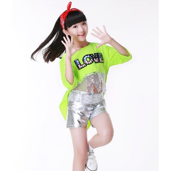 Neon green tuxedo top leather silver shorts girls kids children
